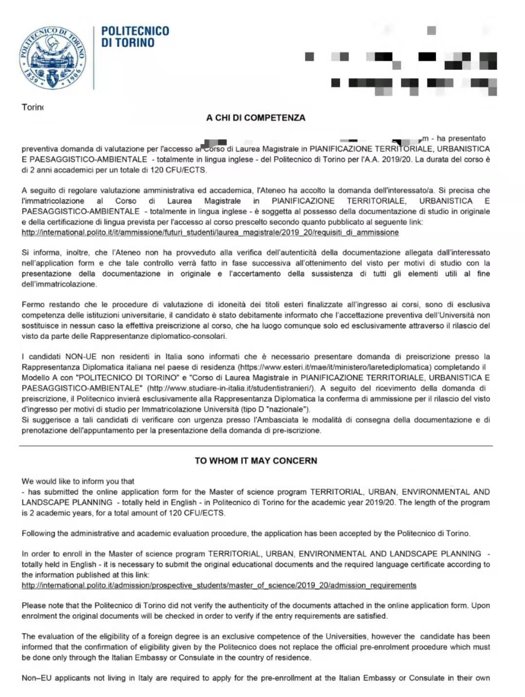 斑马博士，斑马博士留学中心，都灵理工大学，Politecnico di Torino ，Master of science TERRITORIAL, URBAN, ENVIRONMENTAL AND LANDSCAPE PLANNING ，区域、城市、环境和景观规划硕士